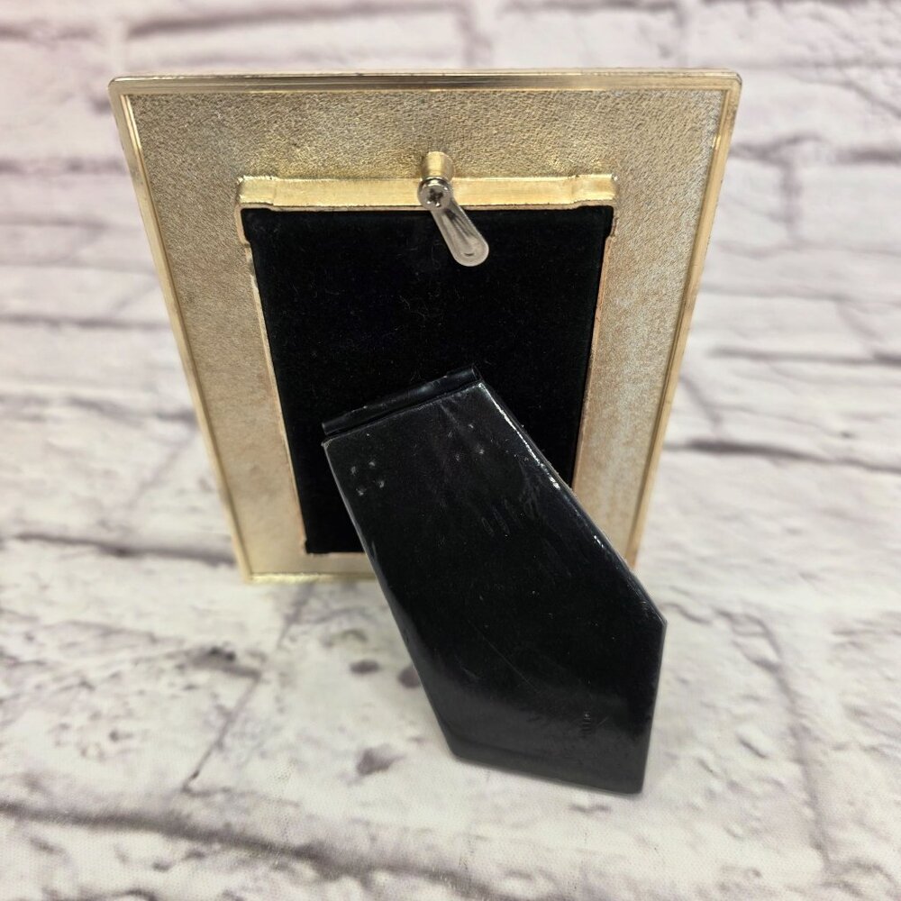 Vtg Golden Marbelized Art Deco Rhinestone Beading Edge Trim Photo Frame 1.5X 2.5 - Picture 3 of 9